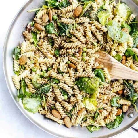 Garlicky Baby Kale Pasta with Peas + Toasted Almonds