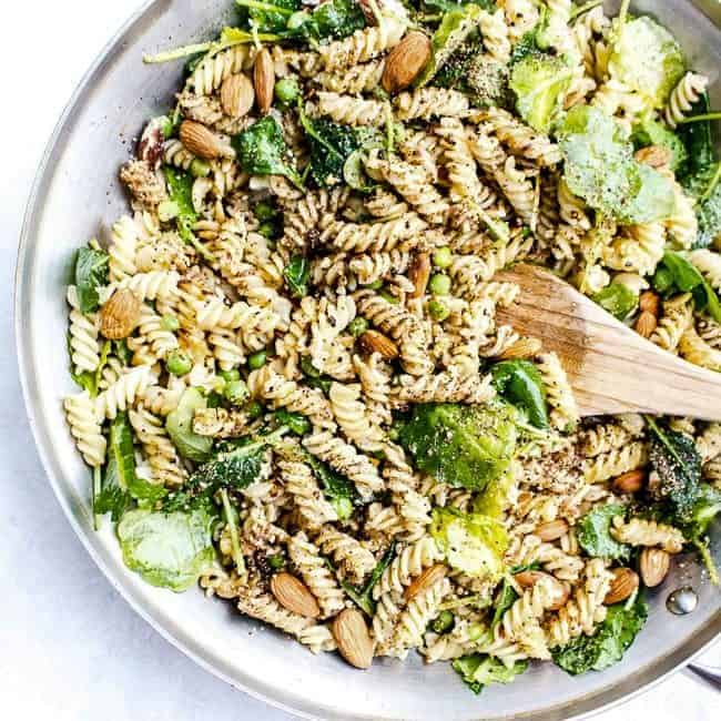 Garlicky Kale Pasta with Peas + Toasted Almonds