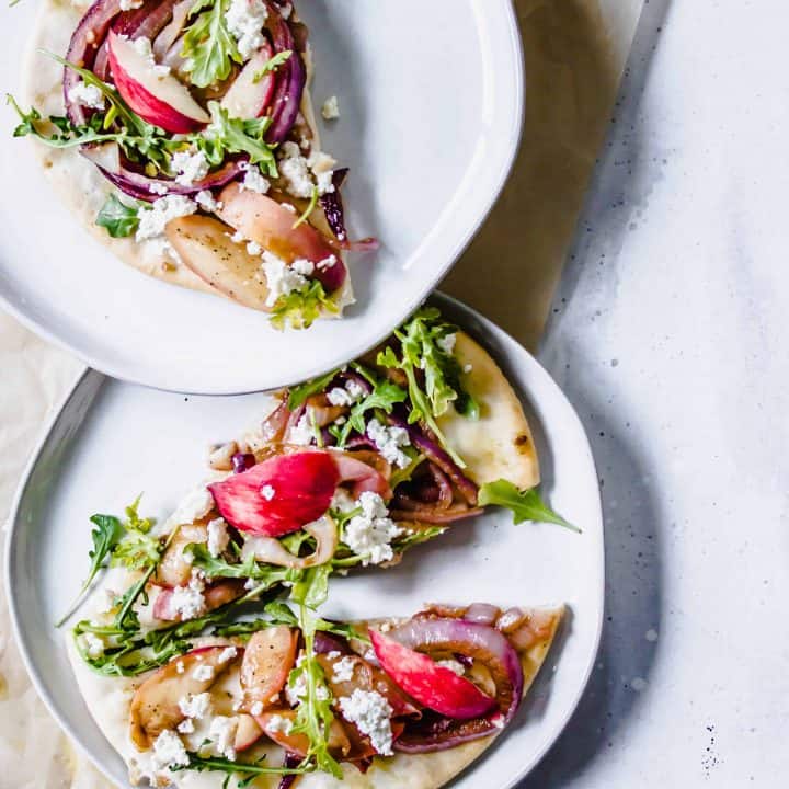 Carmelized Peach + Red Onion Pizza with Arugula + Almond Ricotta