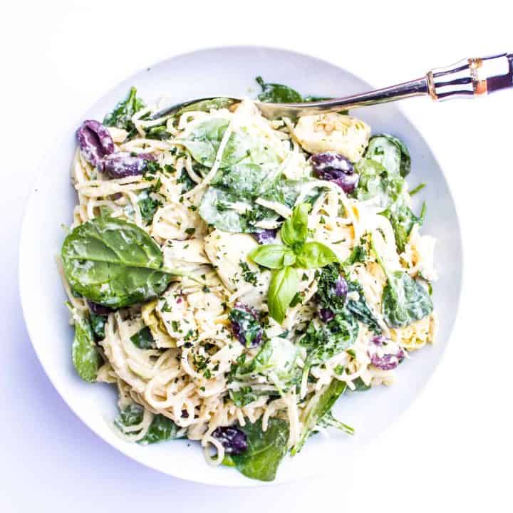 Mediterranean Pasta with Spinach + Artichokes + Kalamata Olives