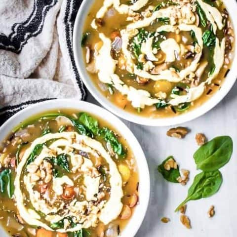 Wild Rice + Mushroom + Tarragon Soup with Cashew Cream + Spinach + Walnuts