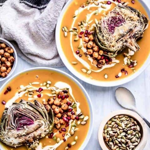 Creamy Pumpkin Soup with Crispy Chickpeas + Pomegranate Seeds + Pumpkin Cashew Cream