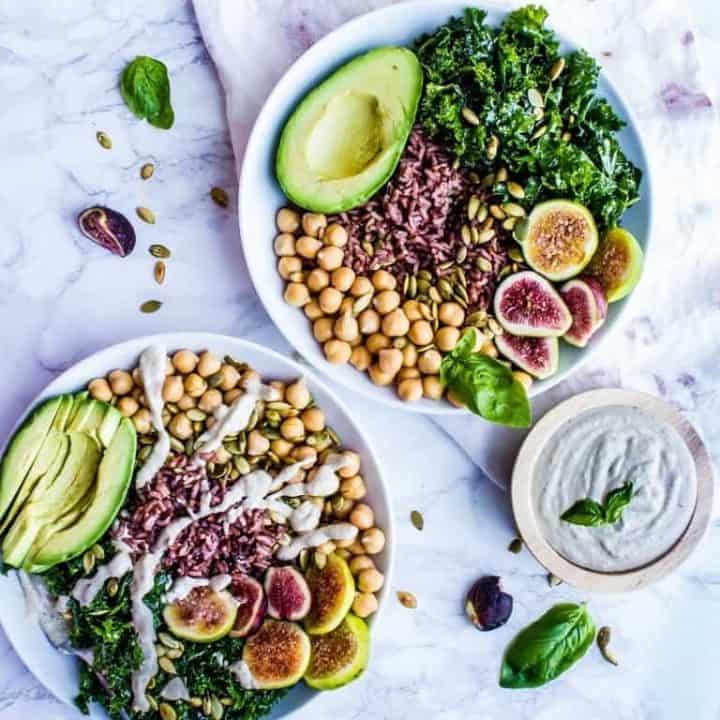 Fig + Kale + Pumpkin Seed Buddha Bowls with Basil Tahini Pesto Sauce