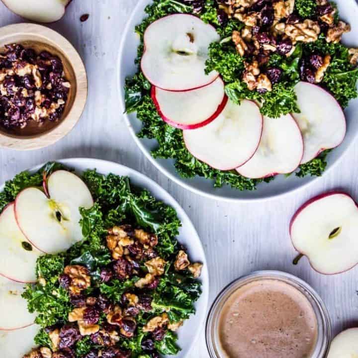 Autumn Kale Salad with Warm Apple Cinnamon Balsamic + Cranberry Walnut Clusters