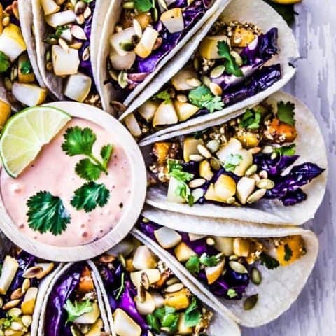 Purple Cabbage + Crispy Butternut Squash Tacos with Pears + Maple Sriracha Mayo