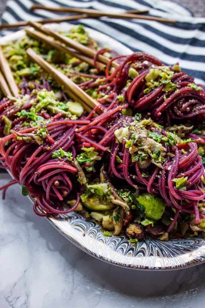 boozy noodles with warm brussels slaw