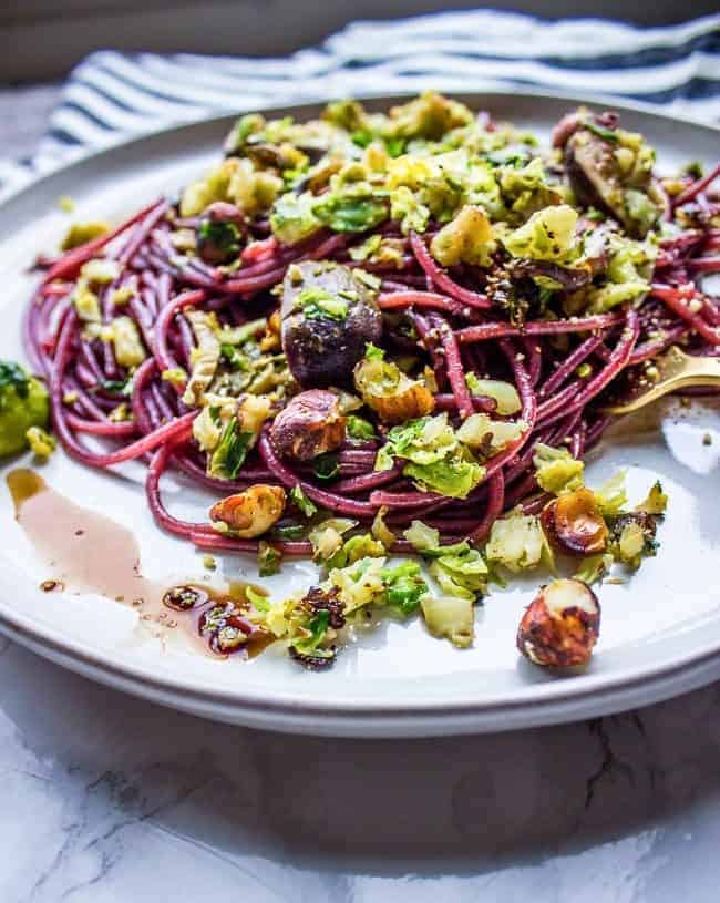 boozy noodles with warm brussels slaw