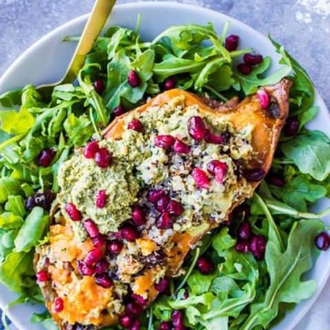 Quinoa + Pea Pesto Stuffed Sweet Potatoes