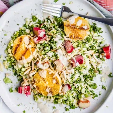 Shredded Brussels + Kale Salad with Rhubarb + Grilled Oranges + Citrus Tahini Dressing