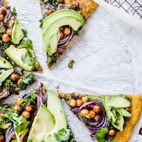 Kale + Crispy Chickpea + Caramelized Red Onion Pizza on Sweet Potato Crust