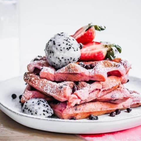 Pink Dragon Fruit Chocolate Chip Waffles