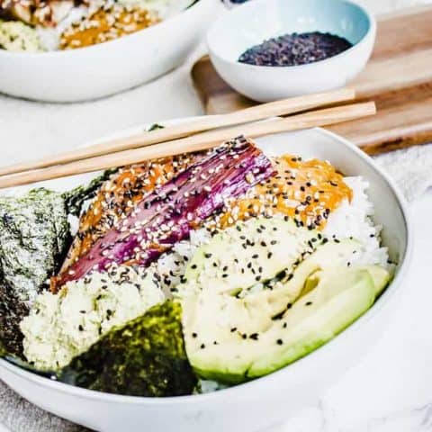 Miso Eggplant Sushi Bowls with Mango Chutney + Edamame Hummus