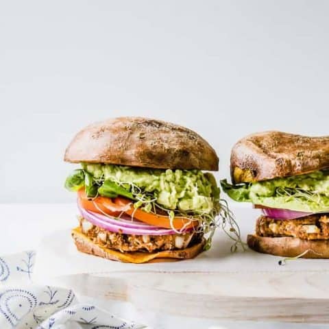 Vegan BBQ Guacamole Burgers on a Sweet Potato Bun