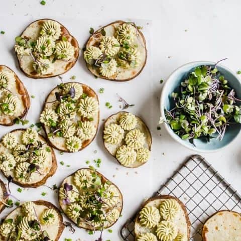 Baked Potato Rounds with Edamame Hummus + Microgreens