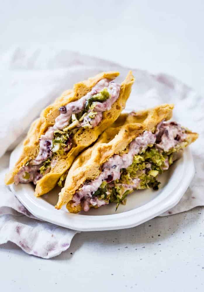 Cranberry and Brussels sweet potato waffle sandwiches