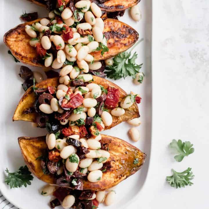 Mediterranean White Bean Stuffed Sweet Potatoes