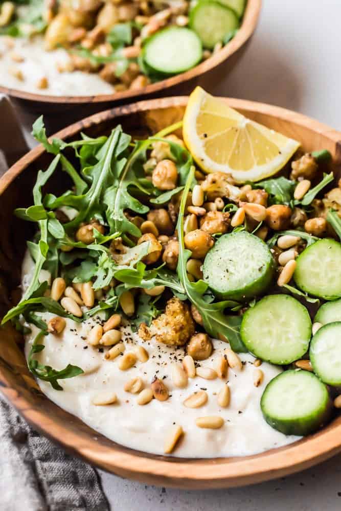 Chickpea cauliflower arugula yogurt bowls-2-min