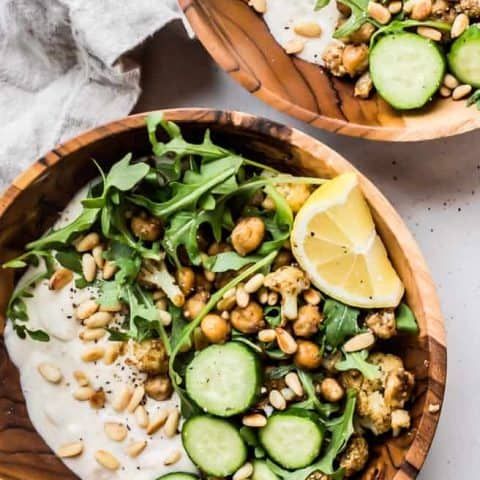 Chickpea + Cauliflower Arugula Yogurt Bowls