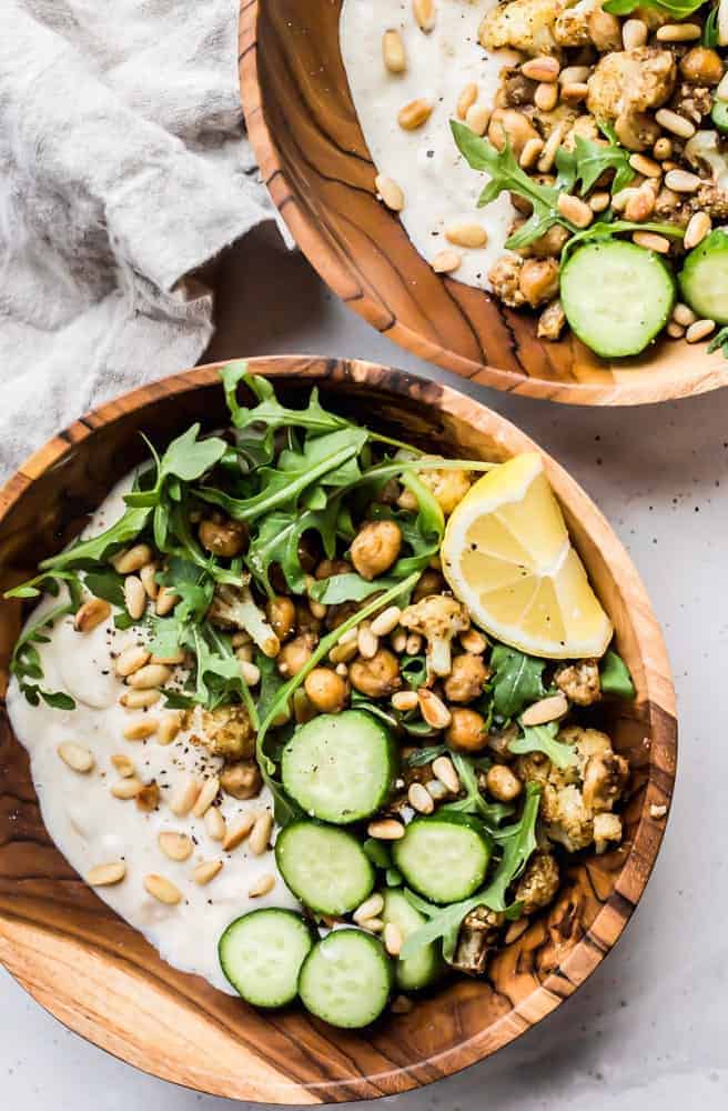 chickpea cauliflower arugula yogurt bowls