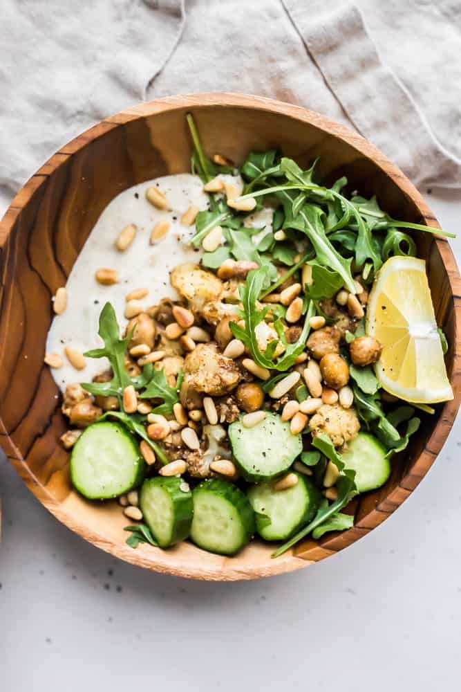 chickpea cauliflower arugula yogurt bowls