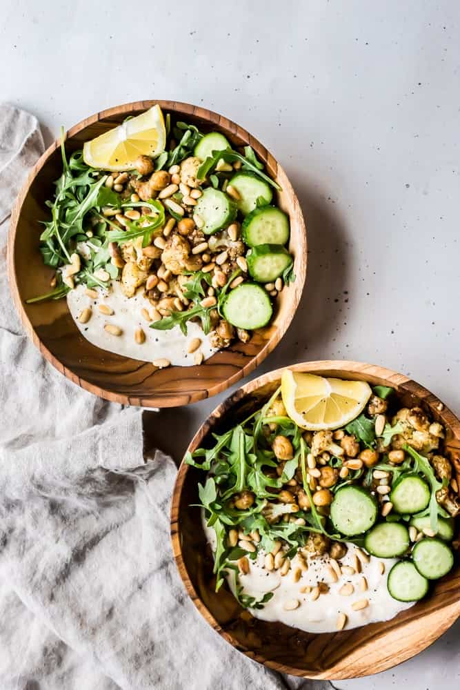Chickpea califlower arugula yogurt bowls