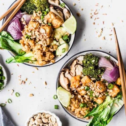 Sriracha Peanut Cauliflower Rice Bowls with Caramelized Veggies