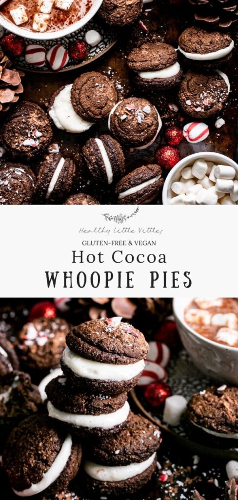 pinterest graphic with two images of hot cocoa whoopie pies with the title of the recipe in the middle
