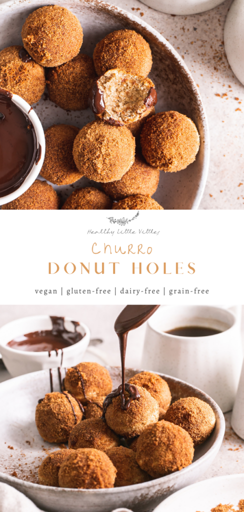 pinterest graphic of two photos of donut holes with the title of the recipe in the middle of the images