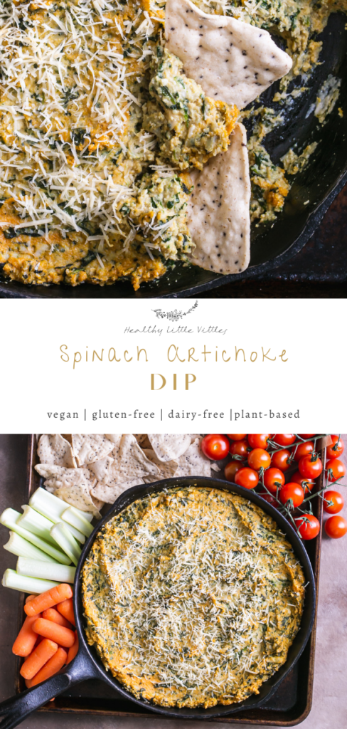pinterest graphic of two photos of spinach artichoke dip and the title of the recipe in the middle