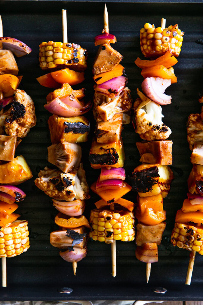 close up of the grilled kabobs in the Calphalon grill pan