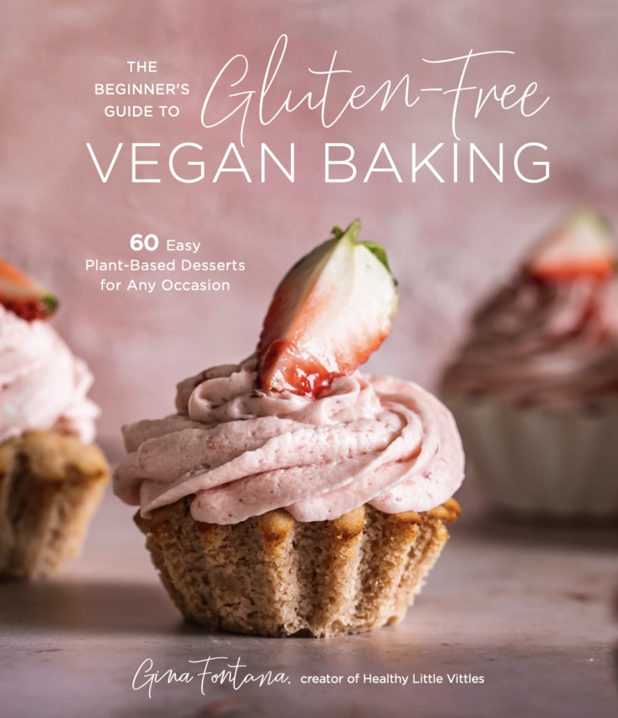 Cover image of a cupcake with strawberry frosting: The Beginners Guide to Gluten-Free, Vegan Baking by Gina Fontana
