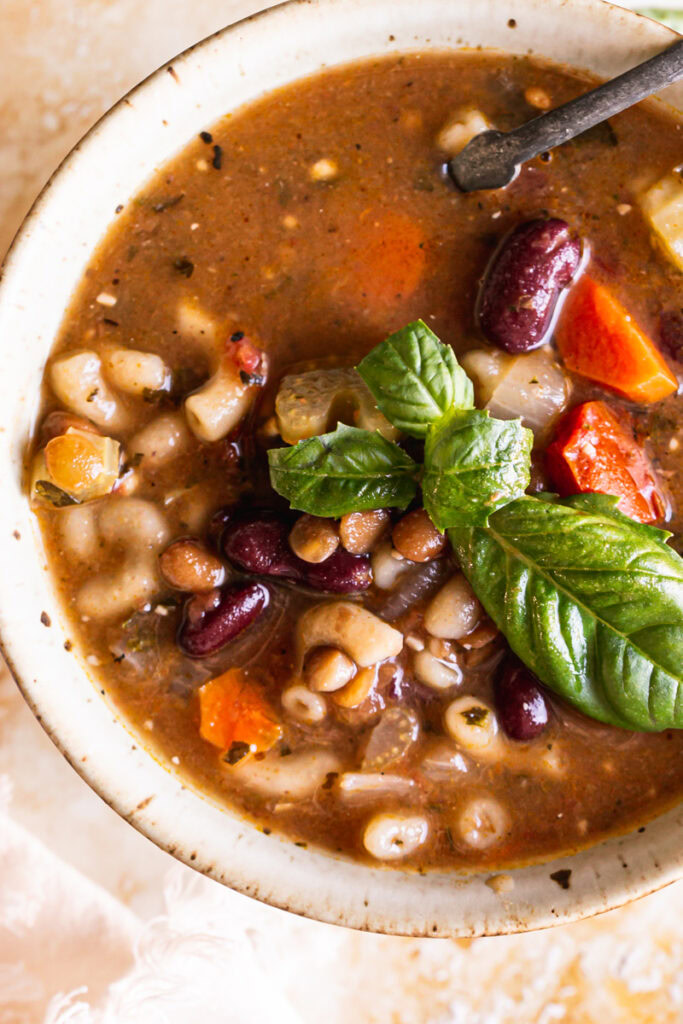 close up of a bowl of plant based minestrone soup
