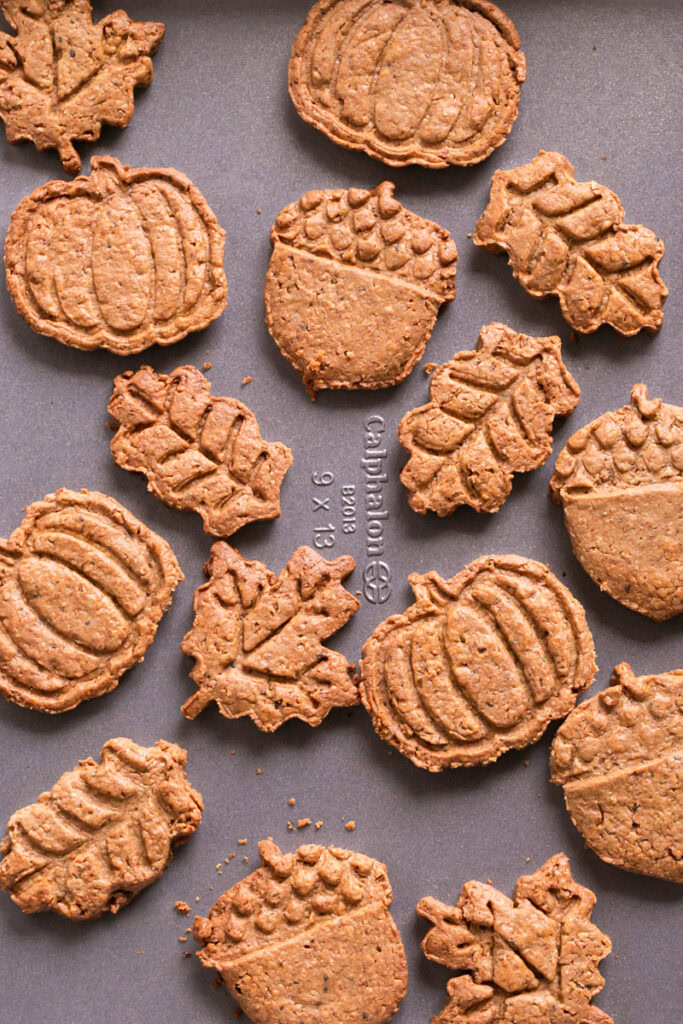 fall cutout cookies in the shapes of a leaf, pumpkin, and acorn made to garnish the cookie cups
