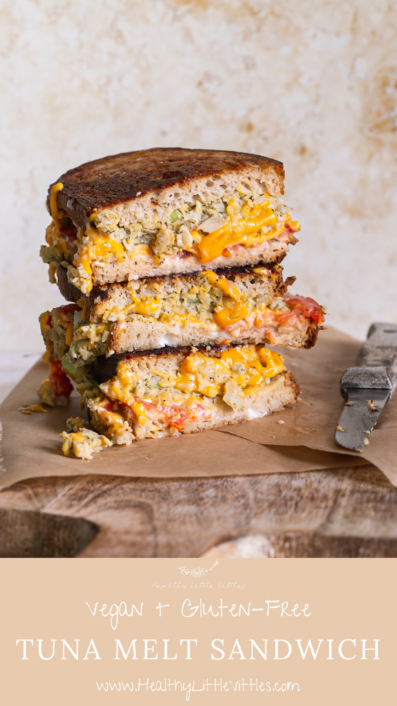 three vegan tuna melt sandwich halves stacked on top of one another